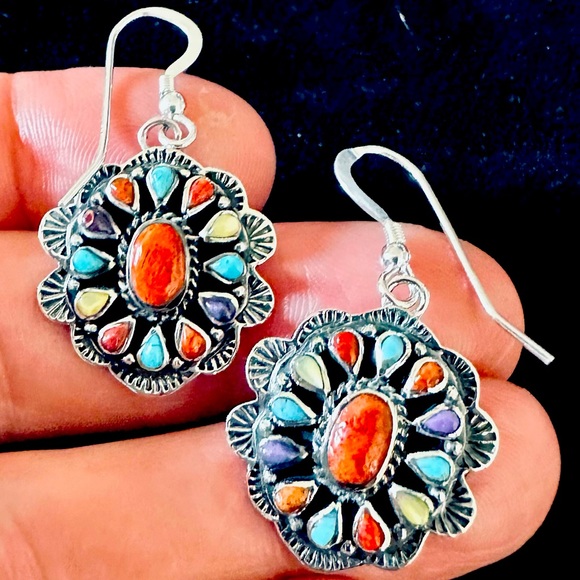 Genuine Multicolored Turquoise Gemstones Earrings in 925 Sterling Silver NWT - Picture 6 of 11